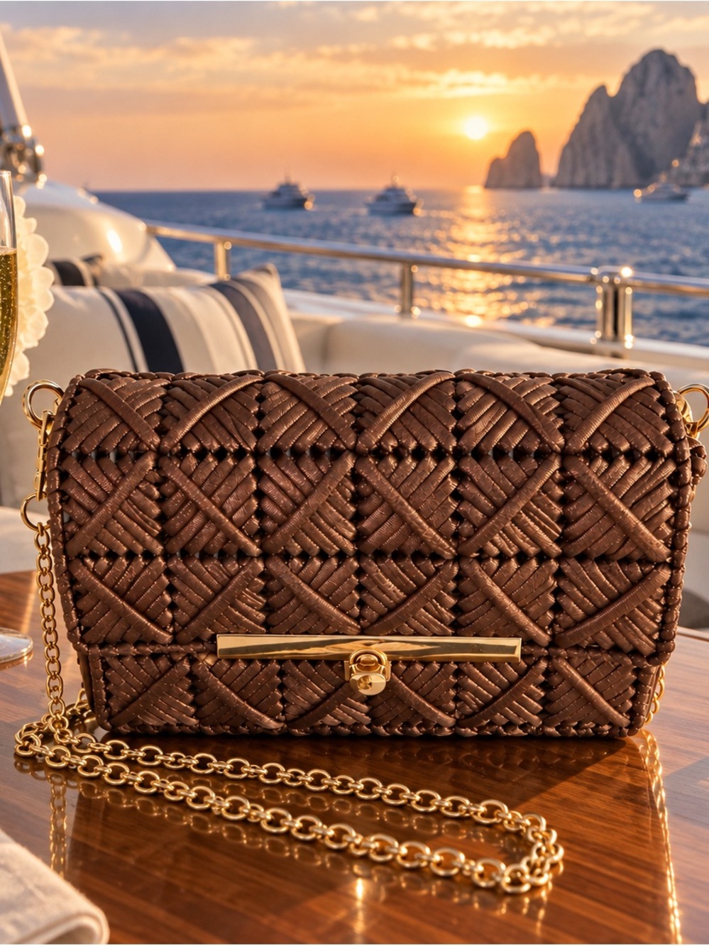 Woven Chocolate Brown Crossbody Bag with Gold Chain